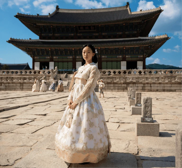 A traveler in a white hanbok by the palace
